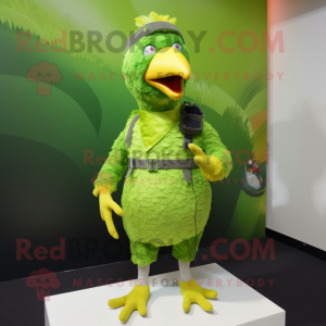 Lime Green Guinea Fowl mascot costume character dressed with a Rash Guard and Suspenders