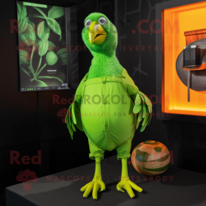 Lime Green Guinea Fowl mascot costume character dressed with a Rash Guard and Suspenders