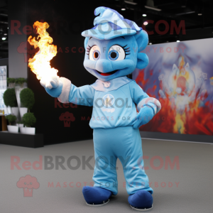 Sky Blue Fire Eater mascot costume character dressed with a Henley Shirt and Brooches