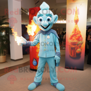 Sky Blue Fire Eater mascot costume character dressed with a Henley Shirt and Brooches