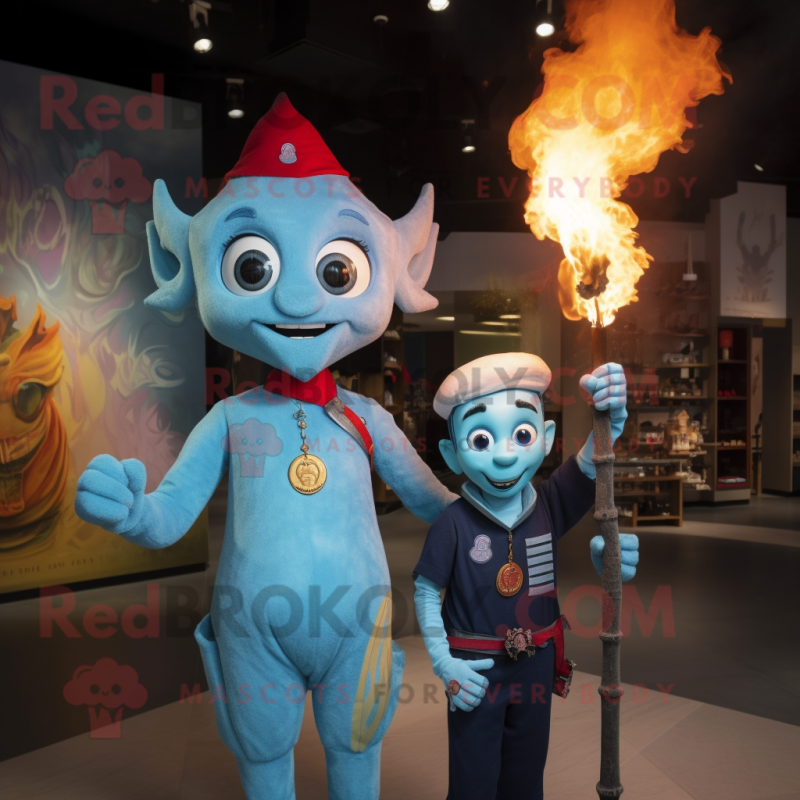 Sky Blue Fire Eater mascot costume character dressed with a Henley Shirt and Brooches