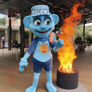 Sky Blue Fire Eater mascot costume character dressed with a Henley Shirt and Brooches