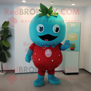 Turquoise Strawberry mascot costume character dressed with a Rash Guard and Cummerbunds