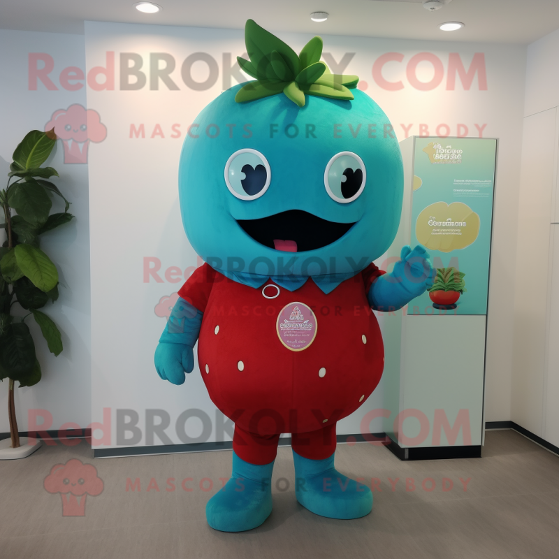Turquoise Strawberry mascot costume character dressed with a Rash Guard and Cummerbunds Turquoise Strawberry mascot costume character dressed with a Rash Guard and Cummerbunds