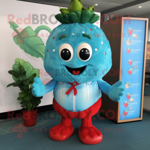 Turquoise Strawberry mascot costume character dressed with a Rash Guard and Cummerbunds