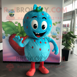 Turquoise Strawberry mascot costume character dressed with a Rash Guard and Cummerbunds