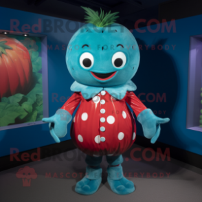 Turquoise Strawberry mascot costume character dressed with a Rash Guard and Cummerbunds