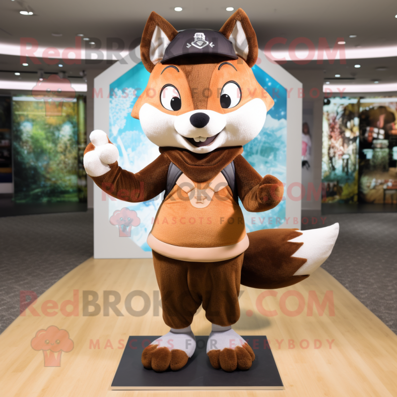 Brown Fox mascot costume character dressed with a Yoga Pants and Berets Brown Fox mascot costume character dressed with a Yoga Pants and Berets