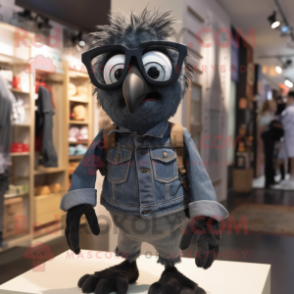 Black Quail mascot costume character dressed with a Boyfriend Jeans and Eyeglasses