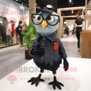 Black Quail mascot costume character dressed with a Boyfriend Jeans and Eyeglasses