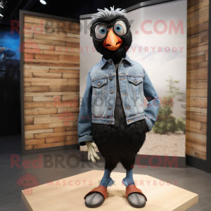 Black Quail mascot costume character dressed with a Boyfriend Jeans and Eyeglasses