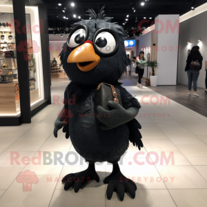 Black Quail mascot costume character dressed with a Boyfriend Jeans and Eyeglasses