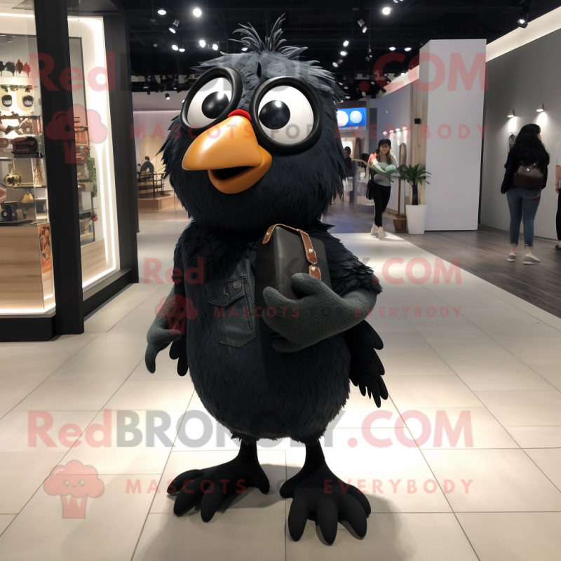 Black Quail mascot costume character dressed with a Boyfriend Jeans and Eyeglasses Black Quail mascot costume character dressed with a Boyfriend Jeans and Eyeglasses