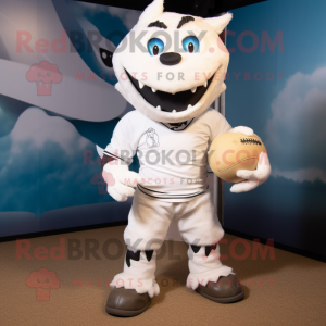 White Cod mascot costume character dressed with a Rugby Shirt and Rings