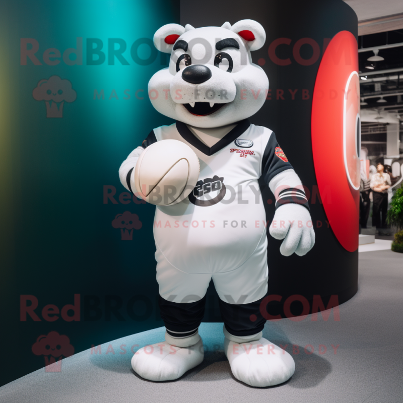 White Cod mascot costume character dressed with a Rugby Shirt and Rings