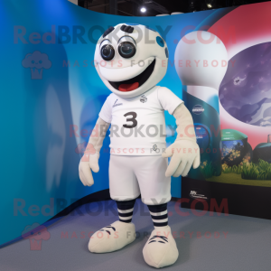 White Cod mascot costume character dressed with a Rugby Shirt and Rings