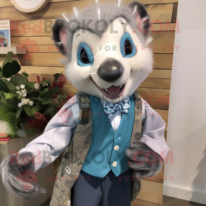 Silver Badger mascot costume character dressed with a Chambray Shirt and Tie pins