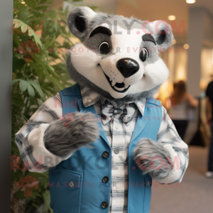 Silver Badger mascot costume character dressed with a Chambray Shirt and Tie pins
