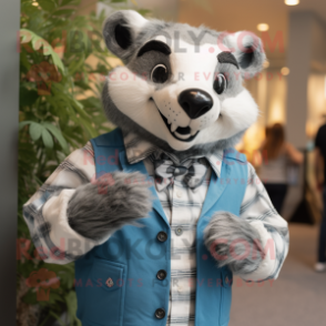 Silver Badger mascot costume character dressed with a Chambray Shirt and Tie pins