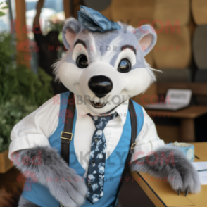 Silver Badger mascot costume character dressed with a Chambray Shirt and Tie pins