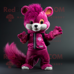Magenta Mongoose mascot costume character dressed with a Jeans and Hair clips