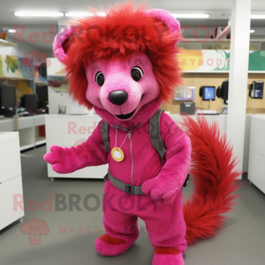 Magenta Mongoose mascot costume character dressed with a Jeans and Hair clips