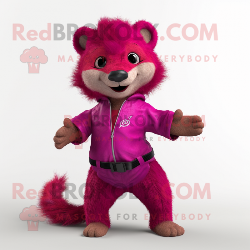 Magenta Mongoose mascot costume character dressed with a Jeans and Hair clips