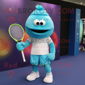 Turquoise Tennis Racket mascot costume character dressed with a T-Shirt and Belts