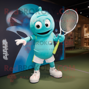Turquoise Tennis Racket mascot costume character dressed with a T-Shirt and Belts