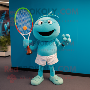 Turquoise Tennis Racket mascot costume character dressed with a T-Shirt and Belts