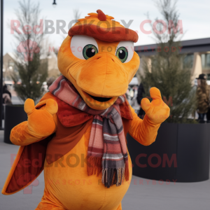 Orange Utahraptor mascot costume character dressed with a Overalls and Shawls