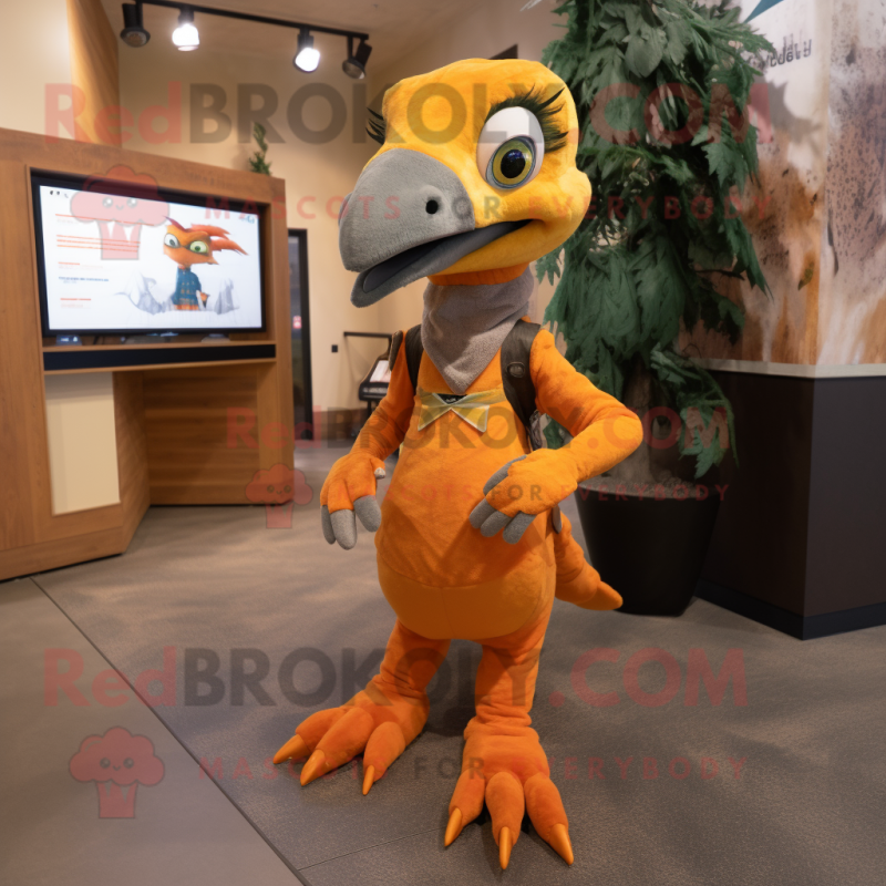 Orange Utahraptor mascot costume character dressed with a Overalls and Shawls Orange Utahraptor mascot costume character dressed with a Overalls and Shawls