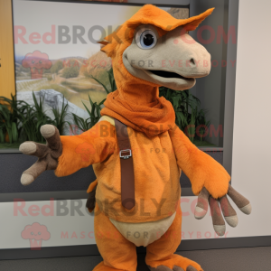 Orange Utahraptor mascot costume character dressed with a Overalls and Shawls