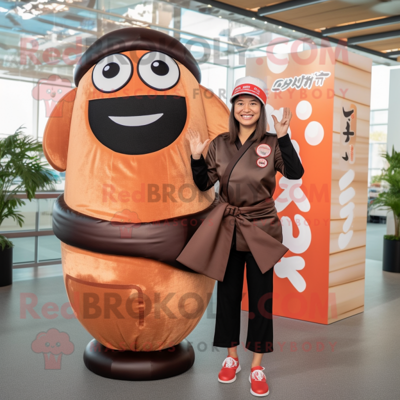 Brown Sushi mascot costume character dressed with a Yoga Pants and Caps Brown Sushi mascot costume character dressed with a Yoga Pants and Caps
