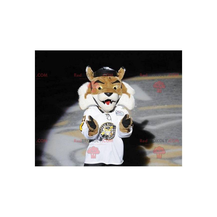 Mascote tigre marrom e branco em roupas esportivas -