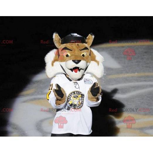 Braunes und weißes Tigermaskottchen in der Sportbekleidung -