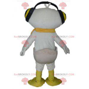 White and yellow duck mascot with headphones on the ears -
