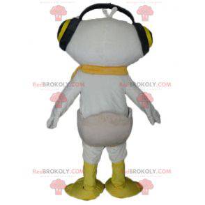Mascote de pato branco e amarelo com fones de ouvido nas