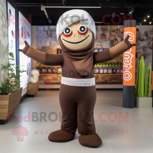 Brown Sushi mascot costume character dressed with a Yoga Pants and Caps