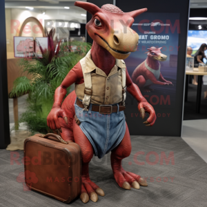 Maroon Parasaurolophus mascot costume character dressed with a Denim Shirt and Briefcases