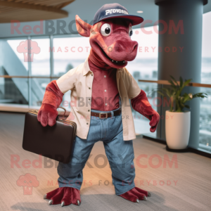 Maroon Parasaurolophus mascot costume character dressed with a Denim Shirt and Briefcases