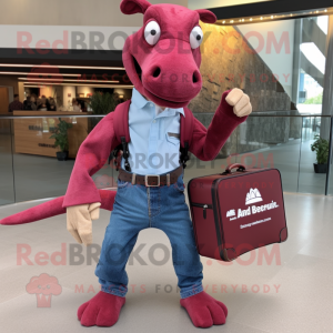 Maroon Parasaurolophus mascot costume character dressed with a Denim Shirt and Briefcases