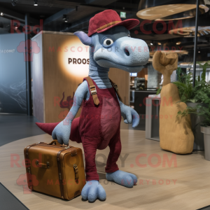 Maroon Parasaurolophus mascot costume character dressed with a Denim Shirt and Briefcases