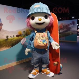 nan Skateboard mascot costume character dressed with a Overalls and Tote bags