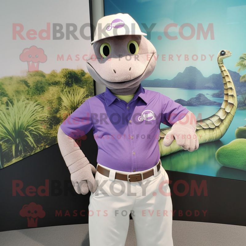 Lavender Anaconda mascot costume character dressed with a Polo Tee and Pocket squares Lavender Anaconda mascot costume character dressed with a Polo Tee and Pocket squares