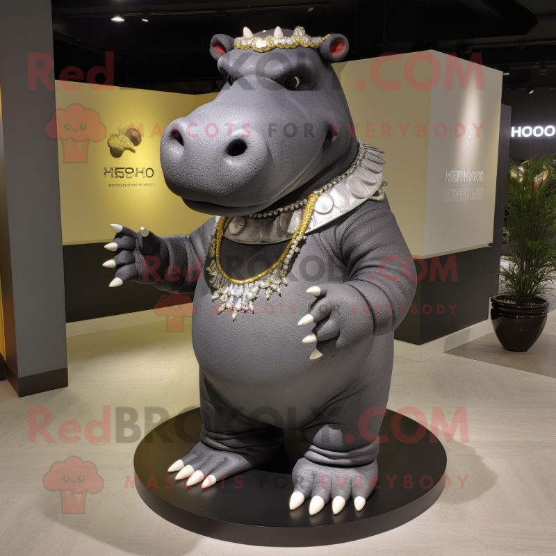 Black Hippopotamus mascot costume character dressed with a Long Sleeve Tee and Necklaces