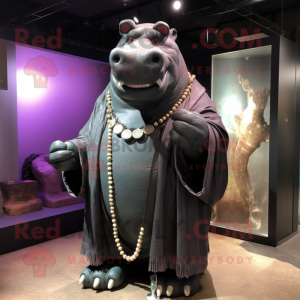 Black Hippopotamus mascot costume character dressed with a Long Sleeve Tee and Necklaces