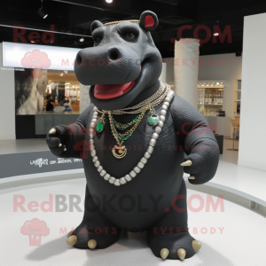 Black Hippopotamus mascot costume character dressed with a Long Sleeve Tee and Necklaces