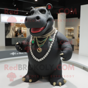 Black Hippopotamus mascot costume character dressed with a Long Sleeve Tee and Necklaces