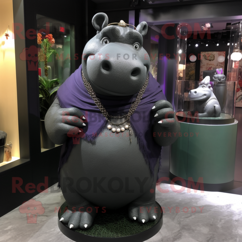 Black Hippopotamus mascot costume character dressed with a Long Sleeve Tee and Necklaces